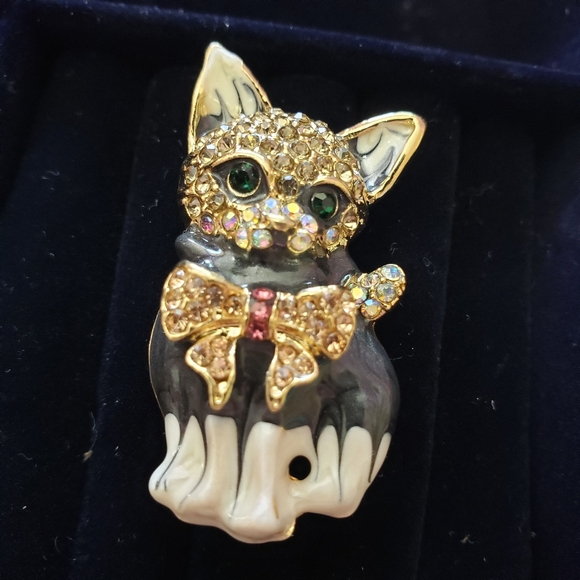 Sweet Kitty Cat Kitten with Bow Rhinestone Brooch Enamel Pin/Pend Cat Lover gift - Picture 5 of 9
